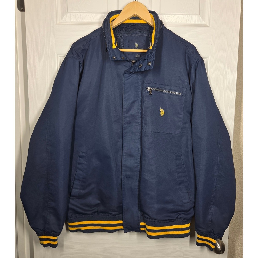US Polo Assn Yacht Jacket Mens XL Navy Blue Yellow Stripe Full Zip Hooded Coat